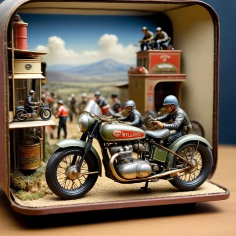 Diorama of a vintage motorcycle race, goggles, intricate details, tiny, small, in a shoebox, surreal, high resolution, beautiful...