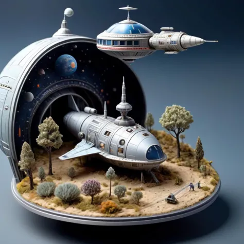 Diorama of a small spaceship, intricate details, surreal, high resolution, beautiful, highest quality, masterpiece, highly detailed <lora:Diorama:1>