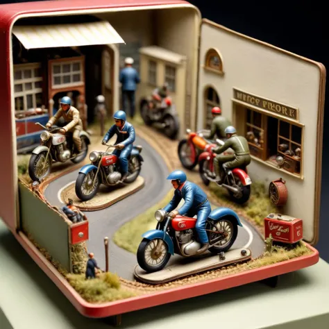 Diorama of a vintage motorcycle race, intricate details, tiny, small, in a shoebox, surreal, high resolution, beautiful, highest quality, masterpiece, highly detailed <lora:Diorama:1>