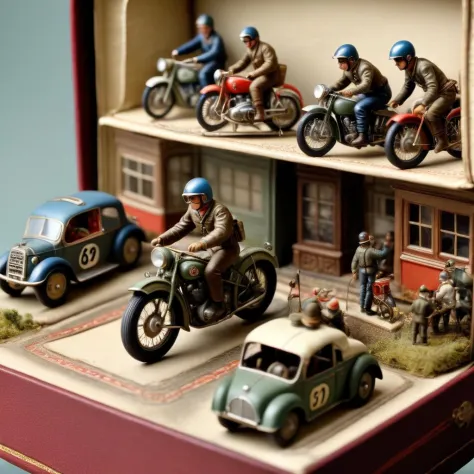 Diorama of a vintage motorcycle race, goggles, intricate details, tiny, small, in a shoebox, surreal, high resolution, beautiful...