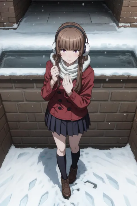 anime girl in a red coat and black skirt standing in the snow