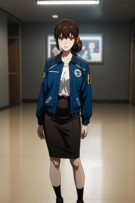 masterpiece, best quality, absurdres, 1girl, Mika <lora:Shimotsuki_Mika:0.7>, (brown eyes:1.2), brown hair, freckles, single hair bun, hair Scrunchie,, Inspector Uniform, jacket, blue jacket, shirt, police uniform,  pencil skirt, ,
BREAK nice hands, perfect hands <lora:GoodHands-beta2:0.8>, beaufitul hand, beautiful finger, indoors, (perfect anatomy),  [Cinematic lighting|Volumetric Lighting], portrait, full body