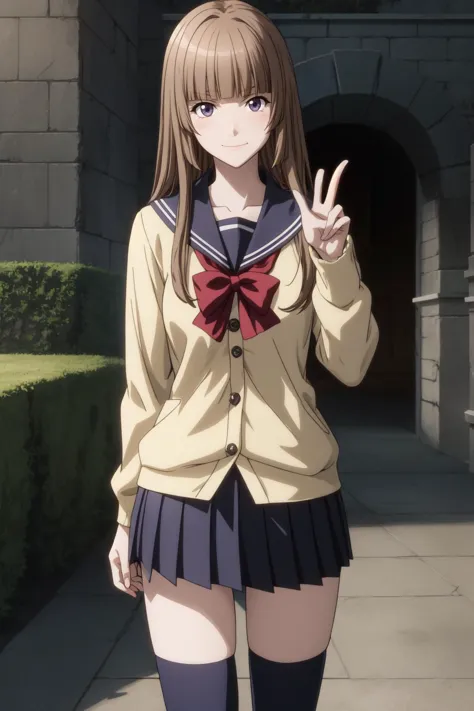 anime girl in school uniform posing for camera with hand up