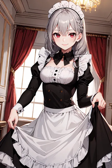 masterpiece, best quality, cowboy shot, looking at viewer, smile, 1girl, grey hair, braid, red eyes, maid, black dress, maid hea...