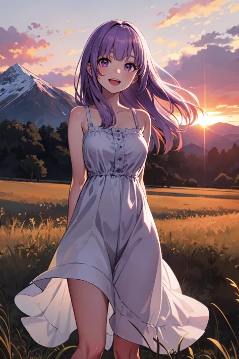 masterpiece, best quality, cowboy shot, looking at viewer, :d, 1girl, light purple hair, long hair, asymmetrical bangs, purple eyes, sundress, arms behind back, outdoors, sunset, wind, field, grass, mountain