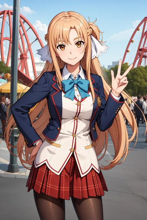 masterpiece, best quality, highres, looking at viewer, ddasuna, long hair, brown hair, hair ribbon, brown eyes, red bowtie, blue jacket, blazer, long sleeves, plaid skirt, brown skirt, pantyhose,
 peace sign, amusement park, smile, standing <lora:asuna_(sao)_v1:.8>