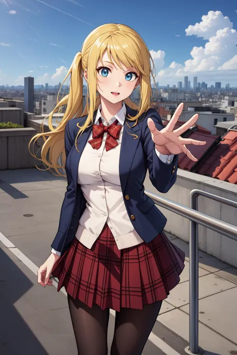 masterpiece, best quality, highres, winry rockbell, medium breasts, red bowtie, blue jacket, blazer, long sleeves, plaid skirt, brown skirt, pantyhose, <lora:winry-nvwls-v1:.7>,  reaching out, city, rooftop, sky, standing