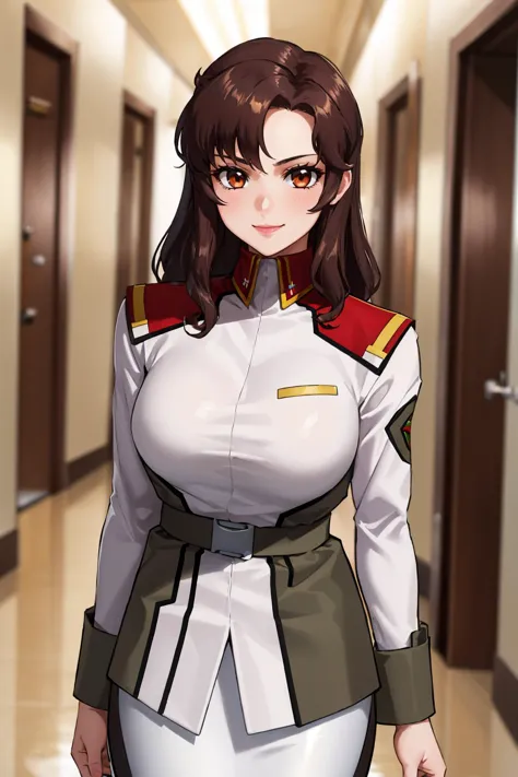 masterpiece, best quality, 1girl, <lora:murrueramius-nvwls-v1-000009:0.9> murrue ramius, white uniform, belt, white skirt, pantyhose, large breasts, upper body, looking at viewer, serious, smile, hallway, arms at sides