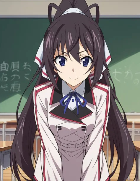 anime girl in uniform standing in front of a blackboard