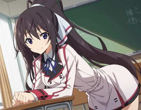 anime girl in uniform leaning on a desk in a classroom