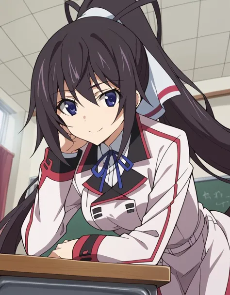 anime girl with long black hair leaning on a desk in a classroom