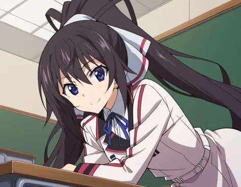 anime girl in uniform leaning over a desk with a blackboard