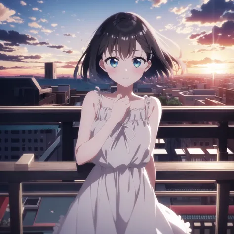 (high quality, best quality, masterpiece), 1girl, solo, amasawa akari, <lyco:akari:0.75>, white dress, smile, blush, rooftop, railing, sunset, light rays