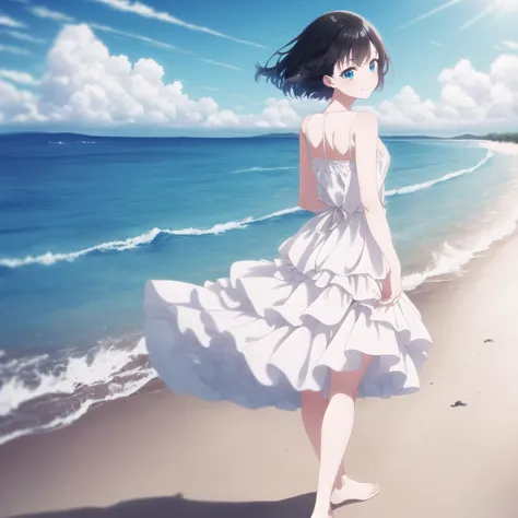 (high quality, best quality, masterpiece), 1girl, solo, from_behind, amasawa akari, <lyco:akari:0.75>, white dress, barefoot, walking, beach, arms behind back, looking back, smile, blush