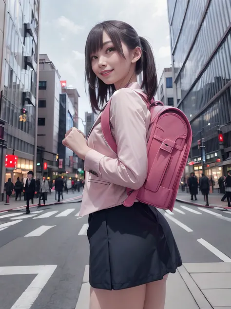 photo brute, portrait, Meilleure qualité, haute résolution, une femme au sourire léger porte un sac à dos randoseru et porte des costumes de veste et une jupe d&#39;affaires dans le quartier de Marunouchi à Tokyo avec de nombreux bâtiments commerciaux très hauts, vue de côté
