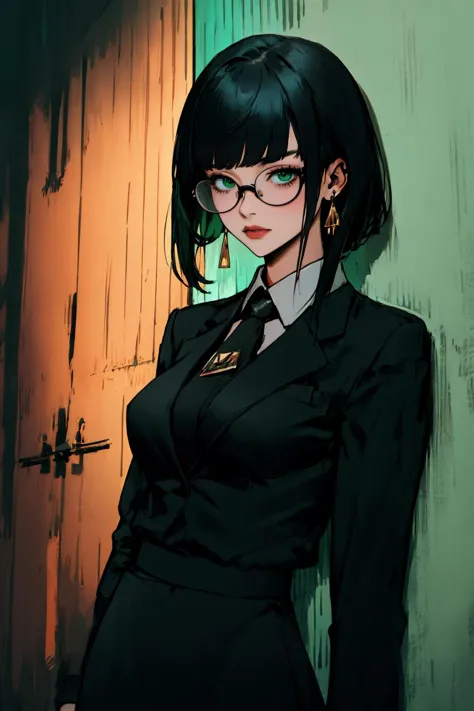 ((Masterpiece, best quality,)) edgAllmind, blunt bangs, two tone hair, earrings, black suit, necktie, green eyes, skirt, glasses...