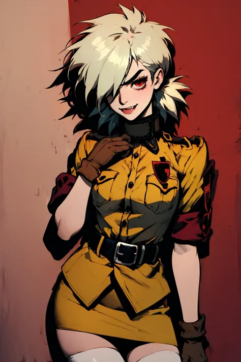 (masterpiece, best quality:1.2), cowboy shot, solo, 1girl, seras victoria, slight smile, looking at viewer, hand on chest, hair over one eye, red eyes, fang, v-shaped eyebrows, military uniform, yellow shirt, gloves, skirt, white thighhighs, belt <lora:hellsing_serasvictoria-10:1>