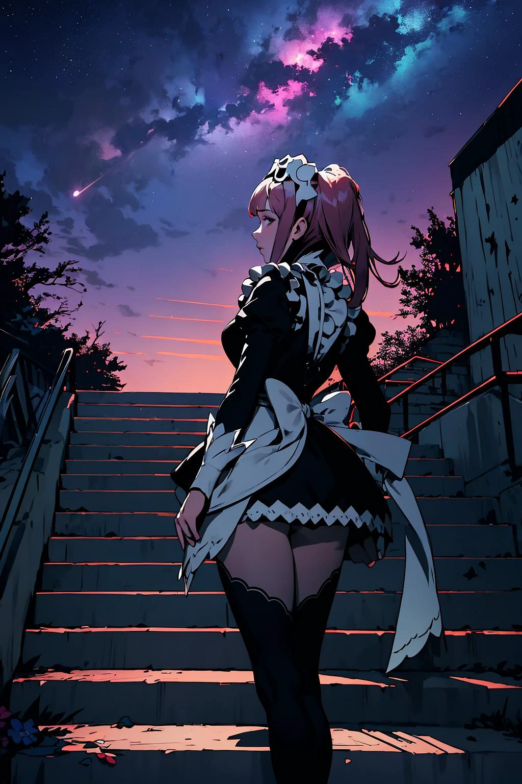High Quality, Masterpiece, feliciadef, maid, maid headdress, black thighhighs, ghostdom, night, backlight, flowers:0.5, stairs, from behind, look at viewer, (milky way), (dark environment), (leo zodiac sign), starry, strry light, night, colorful, cloud, star \(sky\),
