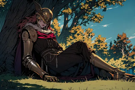 High Quality, Masterpiece, prothestic leg, single mechanical arm, prosthesis, MaleniaDef, armor, cape, helmet, brown dress, <lora:Char_EldenRing_Malenia:1>, tree, resting, sitting, sky, resting against tree