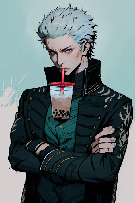 High Quality, Masterpiece, bubble tea challenge, drinking straw, crossed arms, <lora:Pos_BubbleTeaChallange:1>, <lora:dmc5_vergil:1>, dmc5vergil, black coat, fingerless gloves, pants