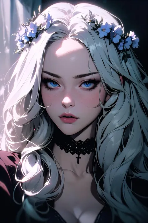 hyper-realistic portrait of a mysterious woman with flowing silver hair, piercing blue eyes, and a delicate floral crown,