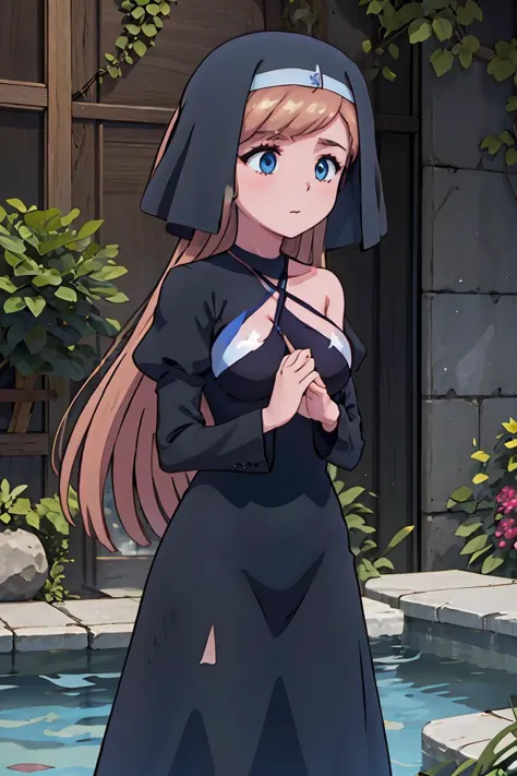 a woman in a nun outfit standing in front of a pool