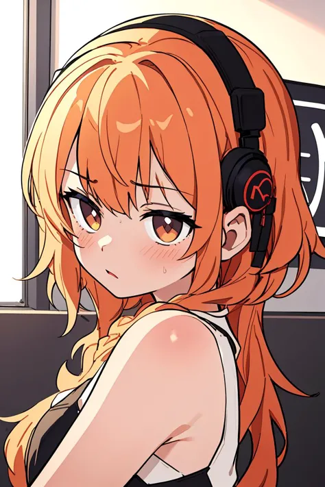 a close up of a girl with headphones on in a room