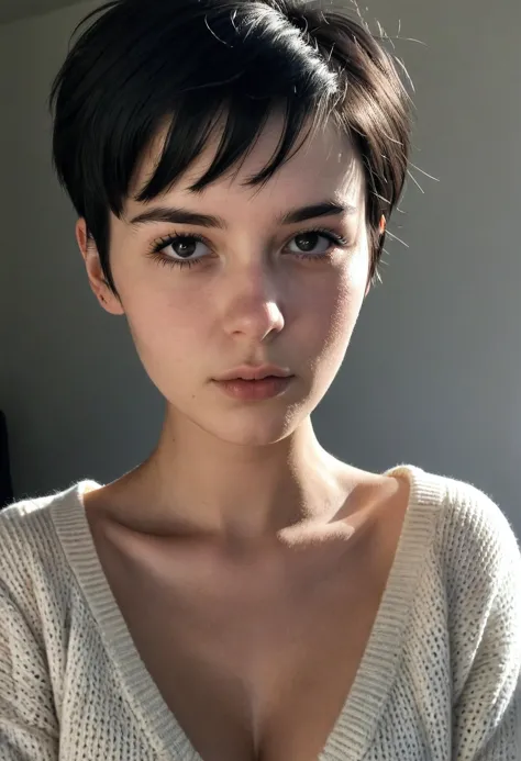 a woman with a short black hair and a white sweater