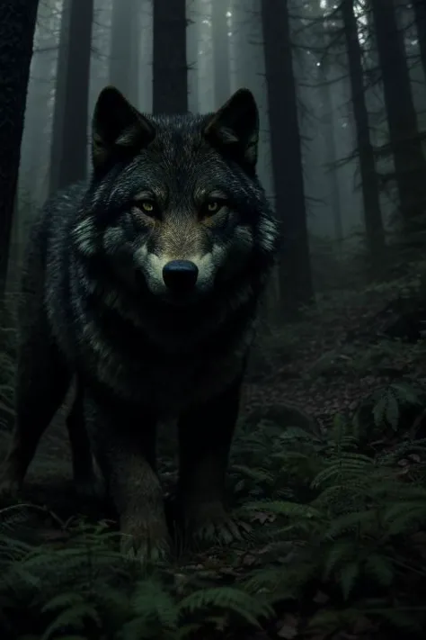 Portrait Photo like a hollywood movie, woman in the woods, dramatic storytelling, sharp focus on main motive, footage by talented director, green:1.2 eerie lighting, big wolf waits for her