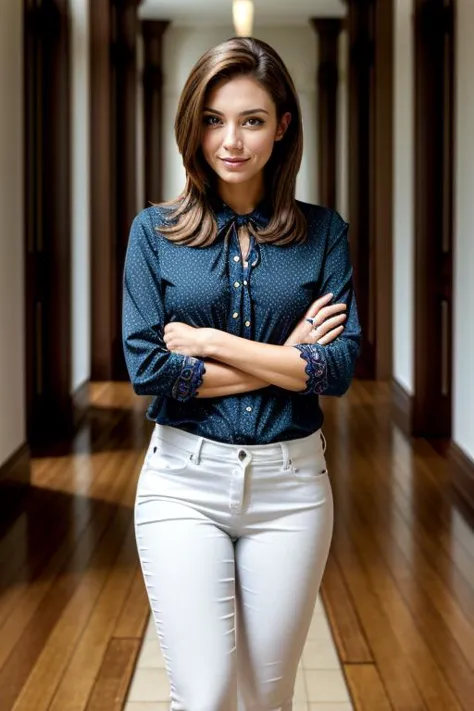 arafed woman in a blue shirt and white pants standing in a hallway