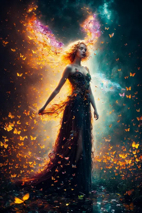 shifted reality, elemental butterflies rage, broken reflections, magic fireflies tornado,
liquid fire flow, chaotic flowers, fierce fire night,
A charming 24 yo Swedish curly blonde,
heartbreaking fantasy art, mind-blowing painting, unreal scenery