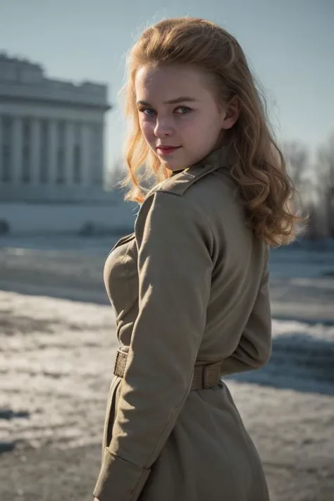 award winning film still, full shot photo of a russian girl, smirk, wearing an old used worn out soviet outfit, exquisite backlighting, dramatic LUT