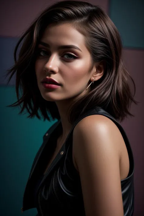 a close up of a woman in a black leather dress