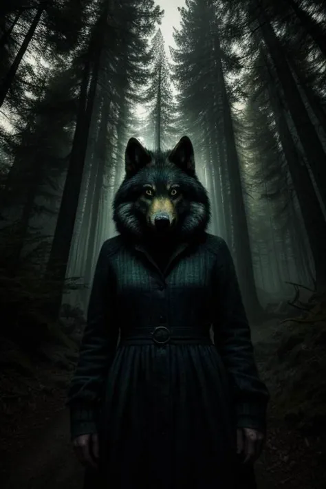 Portrait Photo like a hollywood movie, woman in the woods, dramatic storytelling, sharp focus on main motive, footage by talented director, green:1.2 eerie lighting, big wolf waits for her