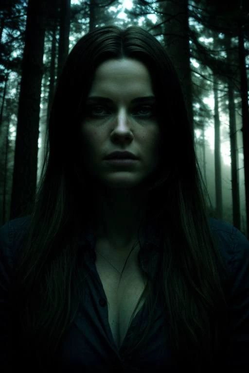 Portrait Photo like a hollywood movie, woman in the woods, dramatic storytelling, sharp focus on main motive, footage by talented director, green:1.2 eerie lighting