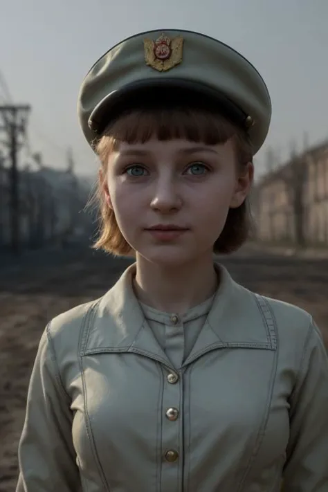 award winning film still, full shot photo of a russian girl, smirk, wearing an old used worn out soviet outfit, exquisite backlighting, dramatic LUT