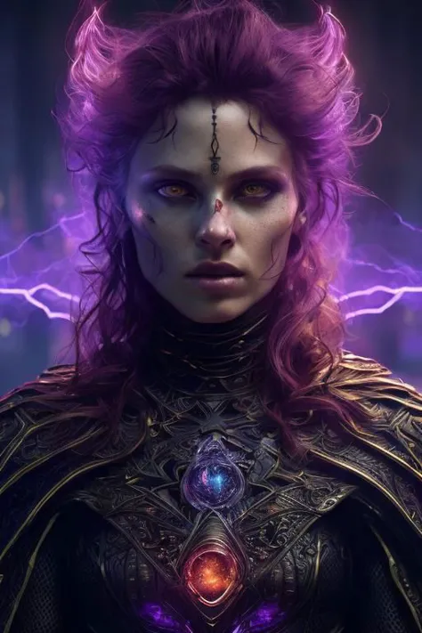 powerfull woman , mage witch, snake eyes, (cinematic pose),looking at the viewer,purple flame effects, colorful flying orbs, cosmic city background, tall structures, aurora background, perfect detailed face, perfect hands,detailed symmetric circular iris, shadow black magic, apocalyptic, purple lightning effects, dark purple sky , infernal city background, tall structures, infernal towers background, dark purple colors, apocalyptical,realistic, stunning realistic photograph, 3d render, octane render, intricately detailed, cinematic, Isometric, dark fantasy theme, mystical, Dark theme, underworld theme, deviant art masterpiece, white skin, crimson eyes, dark tattoos, colour grading, dark illustration, extreme quality, extremely detailed, ultra-detailed face, ultra hd 8k,red lightning, concept art, hyperdetailed, triadic colours, fantastical, intricate detail, splash screen, complementary colours, fantasy concept art, 8k resolution, soft lighting, film photography, film grain, hyperrealist