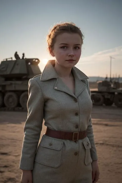 arafed woman in a military uniform standing in front of a tank