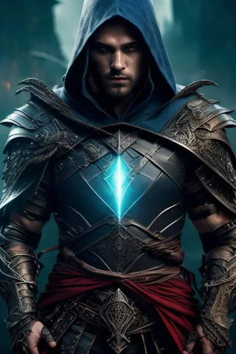 powerfull , full body,muscular body,  ((male warrior))rogue assassin,leather hoodie , full body armour, a crystal made  katana angry man , look blood stained cape right shoulder on blue  fire hyper realistic cosmic city background, tall structures, aurora background, perfect detailed face, perfect hands,detailed symmetric circular iris, shadow black magic, apocalyptic, blue lightning effects, dark blue  sky , infernal city background, tall structures, infernal towers background, dark blue colors, apocalyptical,realistic, stunning realistic photograph, 3d render, octane render, intricately detailed, cinematic, Isometric, dark fantasy theme, mystical, Dark theme, underworld theme, deviant art masterpiece, white skin, crimson eyes, dark tattoos, colour grading, dark illustration, extreme quality, extremely detailed, ultra-detailed face, ultra hd 8k,red lightning, concept art, hyperdetailed, triadic colours, fantastical, intricate detail, splash screen, complementary colours, fantasy concept art, 8k resolution, soft lighting, film photography, film grain, hyperrealist