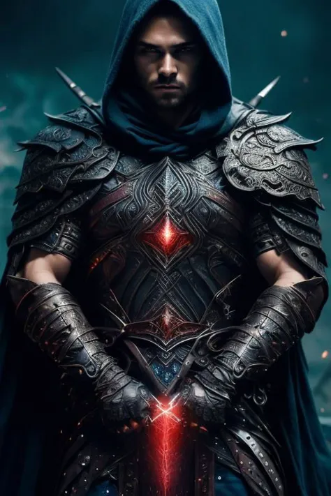 powerfull , full body,muscular body,  ((male warrior))rogue assassin,leather hoodie , full body armour, a crystal made  katana angry man , look blood stained cape right shoulder on blue  fire hyper realistic cosmic city background, tall structures, aurora background, perfect detailed face, perfect hands,detailed symmetric circular iris, shadow black magic, apocalyptic, blue lightning effects, dark blue  sky , infernal city background, tall structures, infernal towers background, dark blue colors, apocalyptical,realistic, stunning realistic photograph, 3d render, octane render, intricately detailed, cinematic, Isometric, dark fantasy theme, mystical, Dark theme, underworld theme, deviant art masterpiece, white skin, crimson eyes, dark tattoos, colour grading, dark illustration, extreme quality, extremely detailed, ultra-detailed face, ultra hd 8k,red lightning, concept art, hyperdetailed, triadic colours, fantastical, intricate detail, splash screen, complementary colours, fantasy concept art, 8k resolution, soft lighting, film photography, film grain, hyperrealist