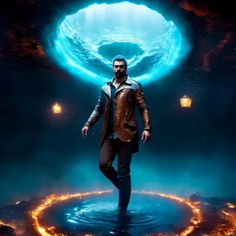 Hydromancer (close up 1man) defy the inferno in the fiery depths of a kaleidoscopic hell, creating a living masterpiece amidst the swirling chaos, background with ring of fire behind him, portal of surreal world, realistic, fantasy,  water and puddle around the man, glowing blue water magic floating near to the man,