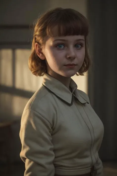 award winning film still, full shot photo of a russian girl, smirk, wearing an old used worn out soviet outfit, exquisite backlighting, dramatic LUT