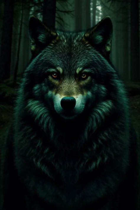 a close up of a wolf in the woods with a dark background