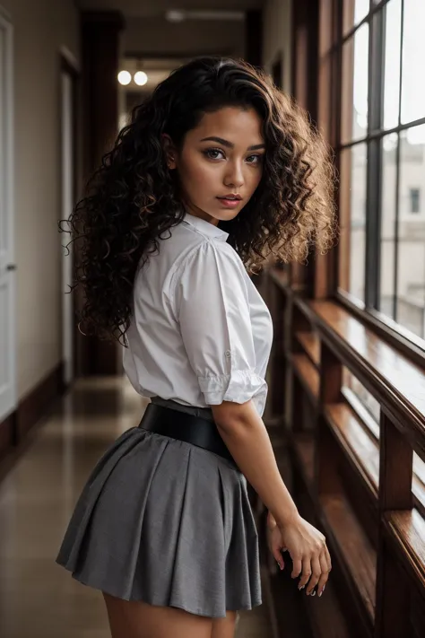 a woman in a skirt and shirt posing by a window