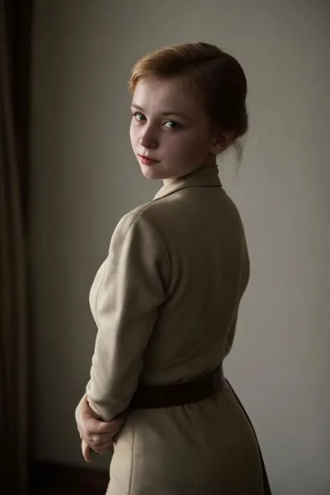 award winning film still, full shot photo of a russian girl, smirk, wearing an old used worn out soviet outfit, exquisite backlighting, dramatic LUT