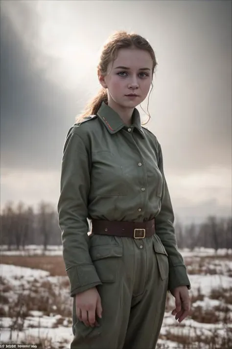 a woman in a green uniform stands in a snowy field