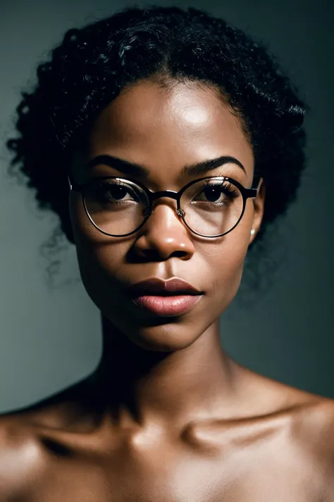 Portrait of a beautiful black adult woman, strong round glasses, thin lips, slim, mouth ajar, real skin texture, relaxed,
[:[Regina Hall | Teala Dunn | Naomie Harris]:0.2]
real life shot, film grain,