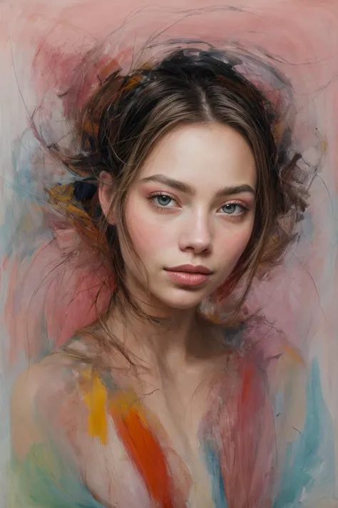 a painting of a woman with a messy hair and blue eyes