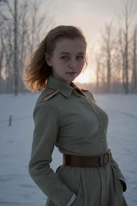 award winning film still, full shot photo of a russian girl, smirk, wearing an old used worn out soviet outfit, exquisite backlighting, dramatic LUT