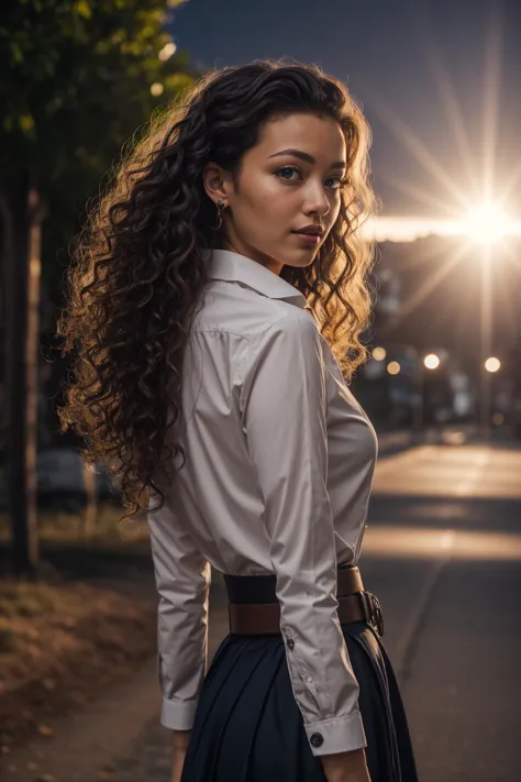 a woman with long curly hair standing on a street at night